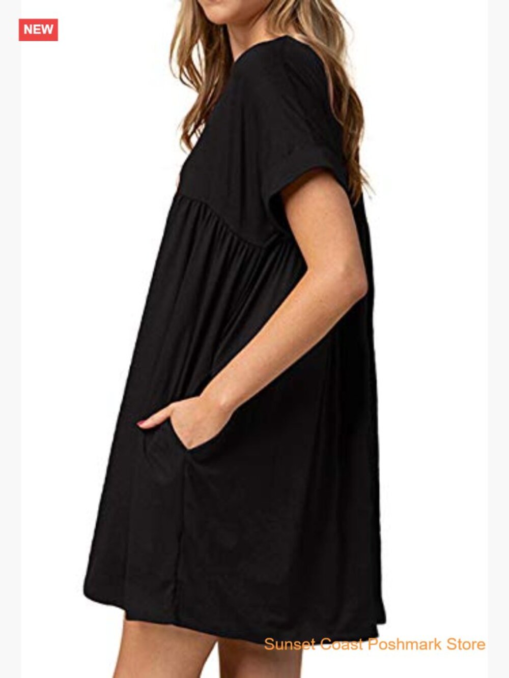 Womens Baby Doll Dress Summer Casual Tunic Pleated Flowy Swing Short Sleeve V - Picture 3 of 7
